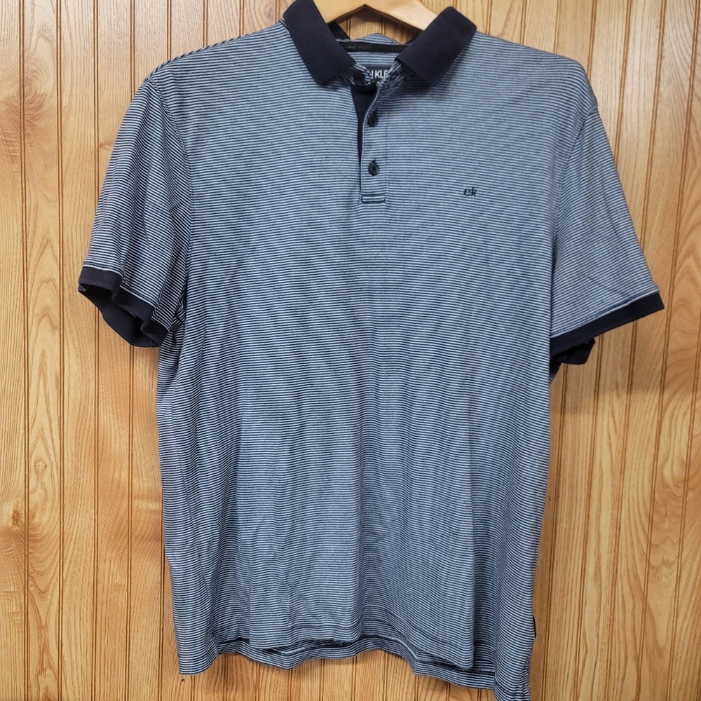 Calvin Klein Liquid Touch Polo Shirt Mens Large L Blue Micro Stripe Short Sleeve